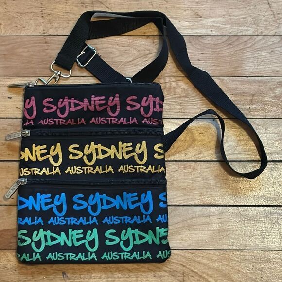 Black and Rainbow Print Sydney Australia Multi Zipper Travel Crossbody Bag - Picture 1 of 7